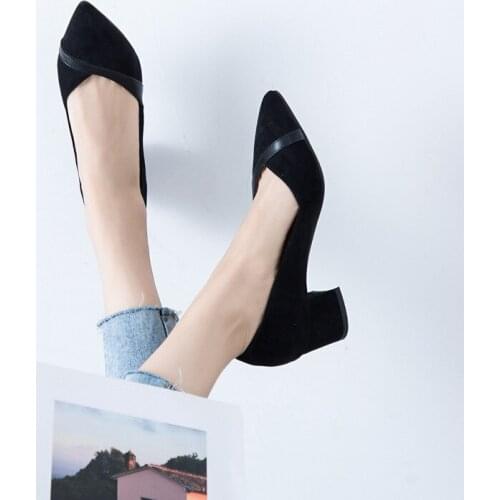 YQBTDL Summer Spring 2020 Fashion Pointed Toe Slip on Office Womens Shoes Heels Black Beige Suede Shoe Block High Heel Pumps