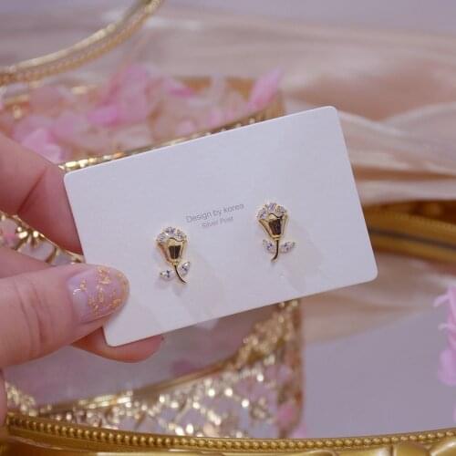 14k Real Gold Plated Romantic Rose Women Earring Cubic Zirconia Trendy Cute Small Stud Earrings Wedding Jewelry for Bridal
