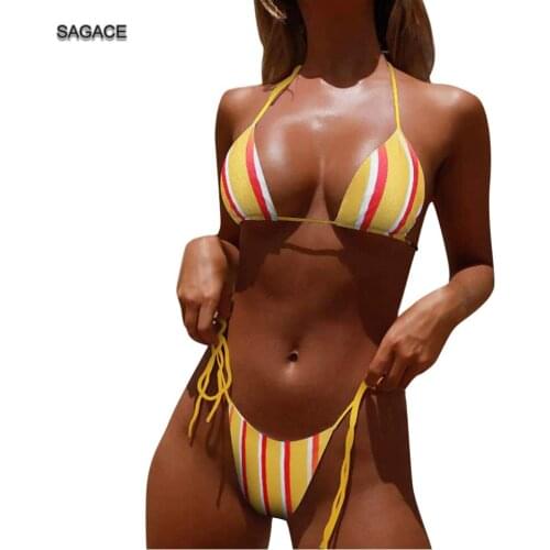 SAGACE Womens Swimming Suit Sexy Stripe Print Bikini Swimsuit 2020 Swimwear Women Bathing Suits High Waist Bottom Bikini Set A63