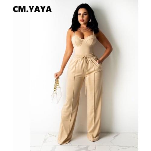 CM.YAYA Women Set Solid Sleeveless Strap V-neck Slim Tops Pockets Wide Leg Pants Two 2 Piece Set Fashion Outfit Summer Tracksuit
