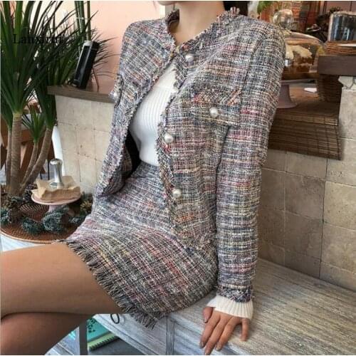 Women Chic Vintage Style O-neck Long Sleeves Check Plaid Single Breasted Pearl Designed Tweed Jacket