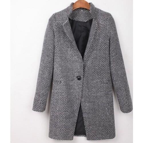 2019 Autumn Winter New Woolen Coat Long Loose Houndstooth Woolen Blazer Women Thickening Woolen Overcoat Casaco Feminino D4