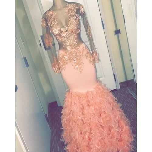 Beautifulinwhite Black Girls Mermaid Prom Dresses 2019 Sexy See Through Appliques Feathers Evening Gowns Formal Dress BP0422