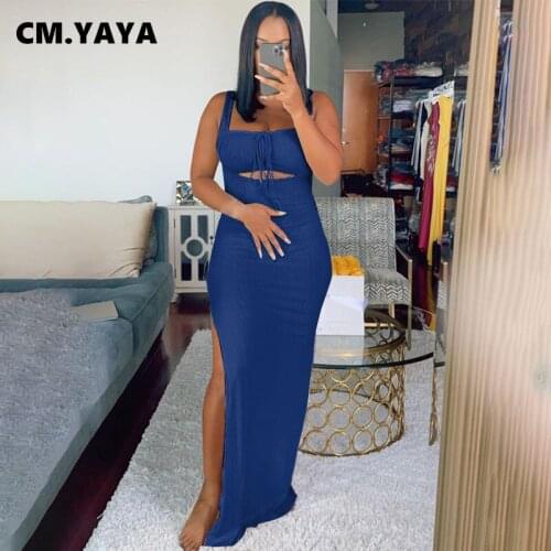 CM.YAYA Women Long Dress Solid Sleeveless Cut Out Splited Bodycon Maxi Dresses Sexy Fashion Vintage Streetwear Summer Outfits