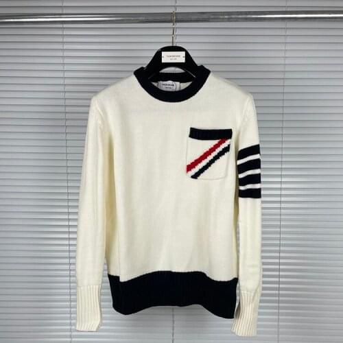 2021 Fashion TB THOM Brand Sweaters Men Slim O-Neck Pullovers Clothing Striped Spliced Wool Thick Autumn Winter Casual Coat