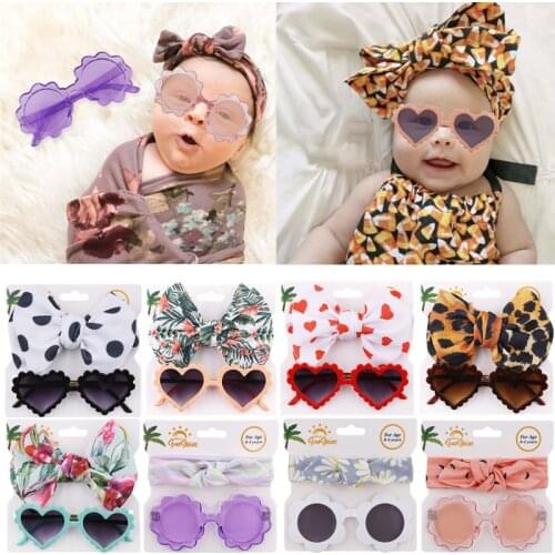 2021 New Vintage Floral Bownot Baby Headband+Summer UV Protection Sunglasses Cute Baby Girls Elastic Hair Band Photography Props