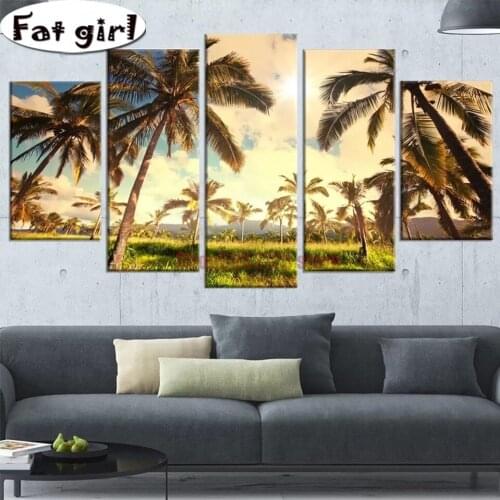 5 Panel Diamond painting Home Decor Palm Plantation Hawaii Diy 5D Embroidery Square Round Drill Cross Stitch Mosaic Wall Art