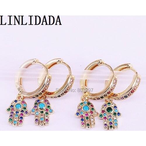 8Pair Wholesale New Fashion Arrival Sparkly rainbow cz paved hamsa hand charm dangel earrings