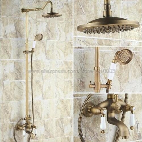 Antique Brass 8 inch Shower Head Bathroom Shower Faucet Sets Double Handles Mixer Tap with Tub Spout Krs245