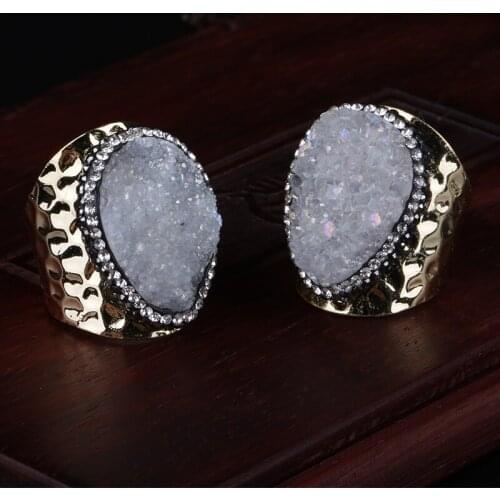 White Natural Rough Teardrop Raw Druzy Stone Bead Charm Pave Rhinestone Wide Wrap Hammered Gold Open Ring cuff Women Jewelry