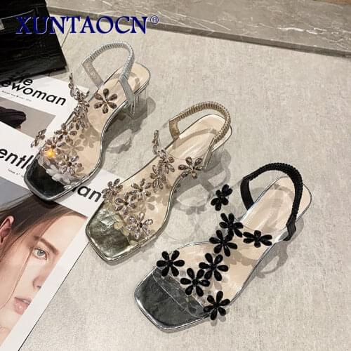 Rhinestone Sandals 2021 Womens Ladies Shoes Summer Suit Female Beige Block Heels Buckle Strap Med New Retro Black Fashion Chunk