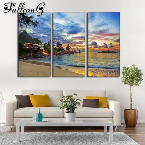 FULLCANG Sunset scenery of seaside holiday house large triptych 5d diy diamond painting mosaic embroidery sale full drill FC3633