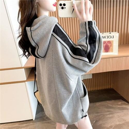 [Cotton] Waffle New Western Style Patchwork Hoodie Womens Spring and Autumn Korean Style Loose Coat All-Matching Top