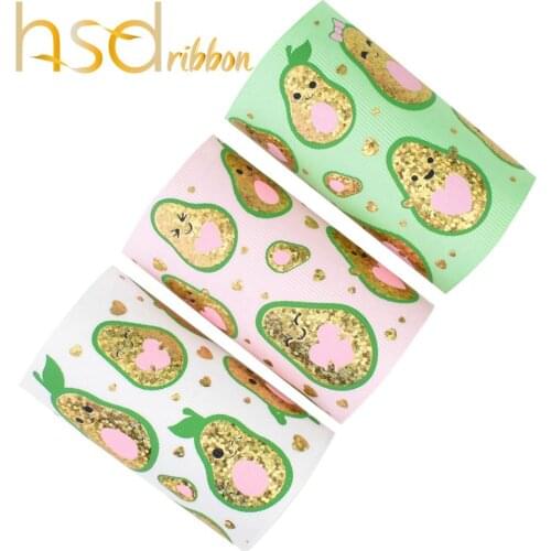 HSDRibbon 75MM 3 inch HSD-Designer make custom Avocado Pattern Gold Foil Printed on Solid Grosgrain Ribbon