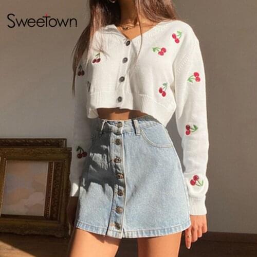 Sweetown V Neck Long Sleeve Knitted Cardigan Sweater Women Autumn Streetwear 90s Knitwear Preppy Style Cherry Sweater Blouse