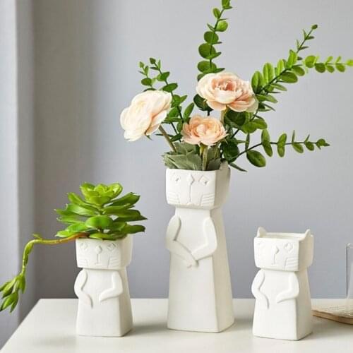 Nordic Style Cartoon Cat Ceramic Vase Modern Artificial Flowers Pot Container Floral Arrangement Office Home Table Decor
