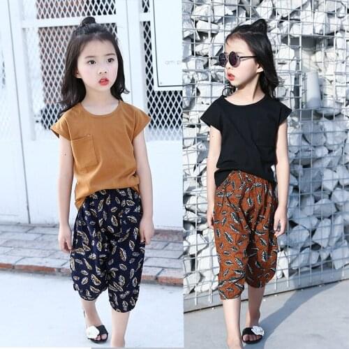 2019 New 2pcs Girls Clothing Set 6-10Y Baby Girls Summer Short Sleeve T-Shirt and Print Cropped Trousers Outfits