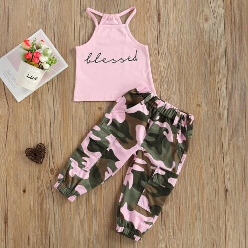 Infant Kids Baby Girl’s 2Pcs Clothes Set, Sleeveless Letter Printed High Neck Halter Tops with Camouflage Printed Long Pants