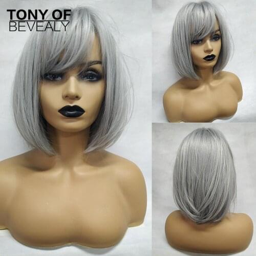 Short Straight Bob Hairstyle Hair Wigs With Bangs Heat Resistant Synthetic Wigs for Women Silver Gray Cosplay Natural Wigs