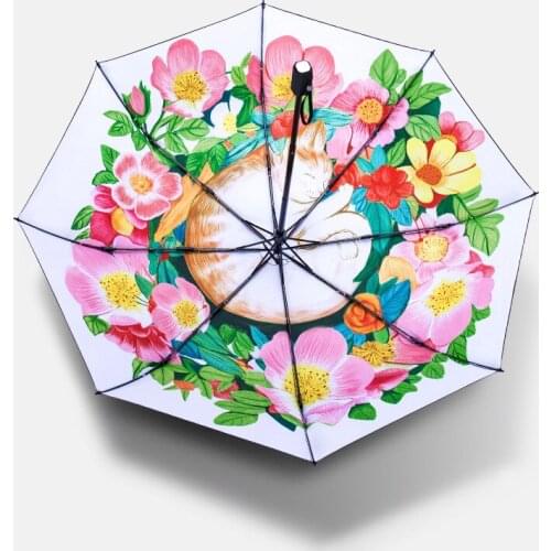 Colorful Art Illustration Cartoon Cat in Flower Sun Rain Umbrellas For Women 3 Folding Thickening 8 Rib Sunshade Umbrella