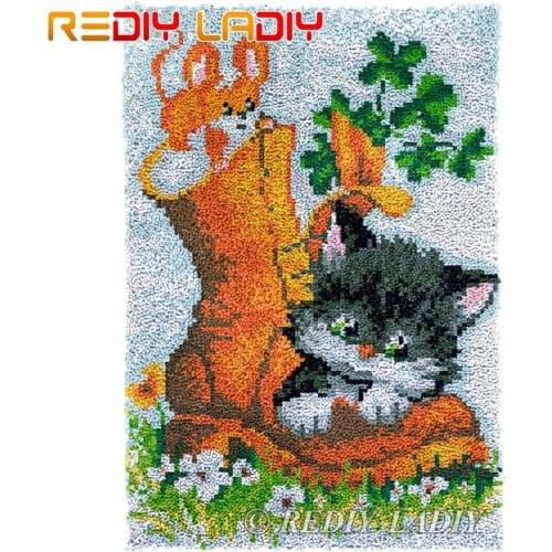 Latch Hook Kits Cat with Boots Chunky Yarn Embroidery Crocheting Tapestry Kits Needlework Arts & Crafts DIY Carpet Rug 85*58cm