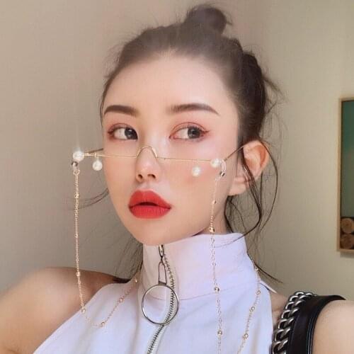 Fashion Glasses Women Female Vintage No Lense Glasses Elegant Eyeglasses Frame Half Frame Pearl Chain Spectacle Frame Unisex