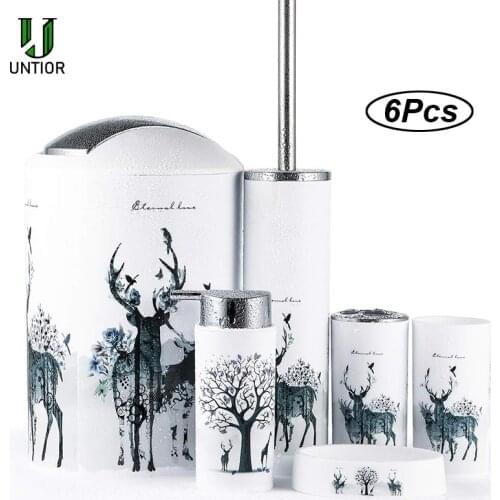 UNTIOR Bathroom Accessories Set 6 Pcs Toilet Brush Soap Dish Trash Can Toothbrush Cup Soap Dispenser Bathroom Accessory Set