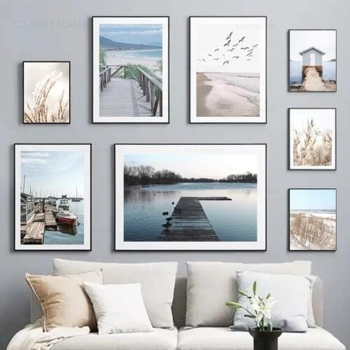 Sea Seagull Sand Reed Boat Bridge House Wall Art Canvas Painting Nordic Posters And Prints Wall Pictures For Living Room Decor