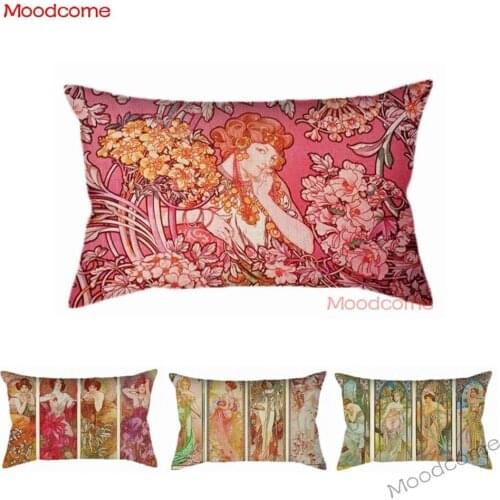 Art Nouveau Mucha Floral Angel Girl Beauty Spring Summer Autumn Winter Poster Waist Pillow Cover Rectangle Lumbar Cushion Cover