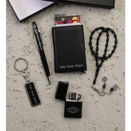 Personalized Leather Wallet with Name Mechanism Keychain Rosary Pen and Lighter Set Special Occasion Gift Valentines Day