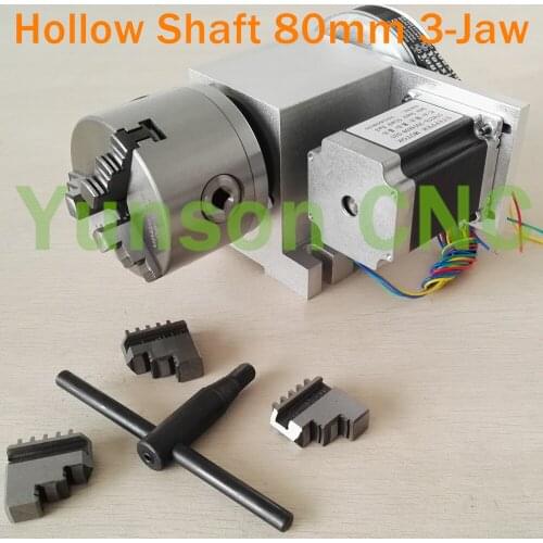 Hollow Shaft 80mm diameter 3-Jaw Chuck Rotary Axis CNC 4th Axis with NEMA23 motor for CNC 3040/4060 Router Woodworking Milling