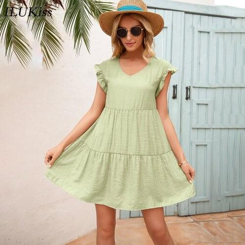 Casual Short Sleeve Mini Dress Women Summer 2021 Fashion Solid Green Black V Neck Loose Ladies Dresses Womens Clothing Elegant