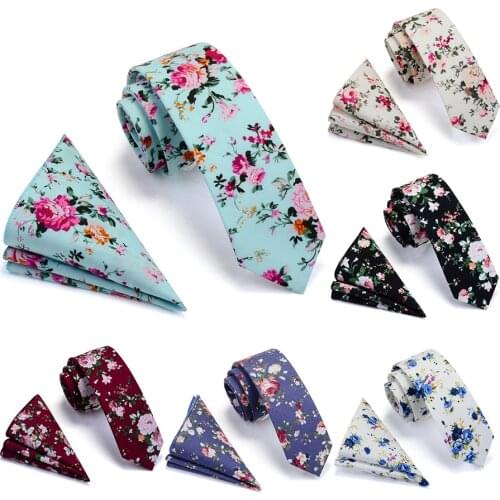 Ricnais 100% Cotton 6cm Slim Pocket Square Necktie Set Red Bule Floral Print Handkerchief Ties Set For Men Party Skinny Neck Tie