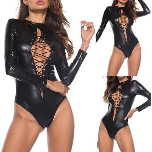 Plus Size 5XL Sexy Women Black PU Leather Bodysuits Erotic Leotard Costumes Lace Up Flexible Wetlook Catsuit Vinyl Body Suit
