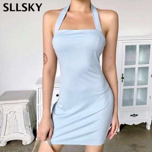 SLLSKY Blue Halter A-line Dress Women Summer New Slash Neck Backless Slim Spaghetti Strap Dress Female Solid Sexy Mini Dresses