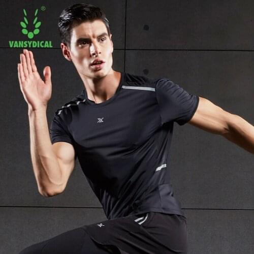 VANSYDICAL Running Shirt Men Reflective Striped Mesh Patchwork Gym T Shirt Fitness Short Sleeve Sportwear Workout Top Male
