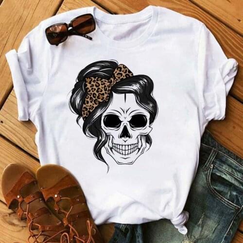 New Cartoon Mama Leopard Turban Skull Print Women Tshirts Casual O-neck Tops Loose Harajuku White T Shirt Korean Style Clothes
