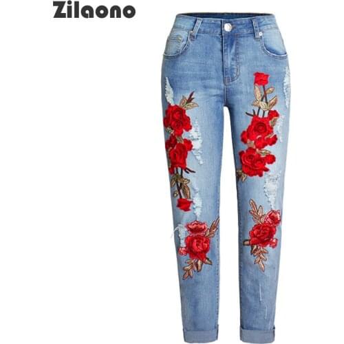Women Jeans 2021 Autumn Relaxed-fit High Elasticity Color Flower 3D Three-dimensional Embroidery High Waist Hole Denim Trousers