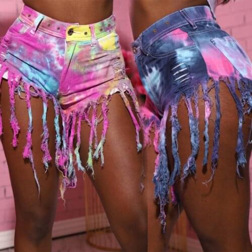 Women Summer Pants Sexy Creative Tie Dye Long Tassel Denim Shorts Beachwear Fashion Large Size Stretch Skinny Short Pants