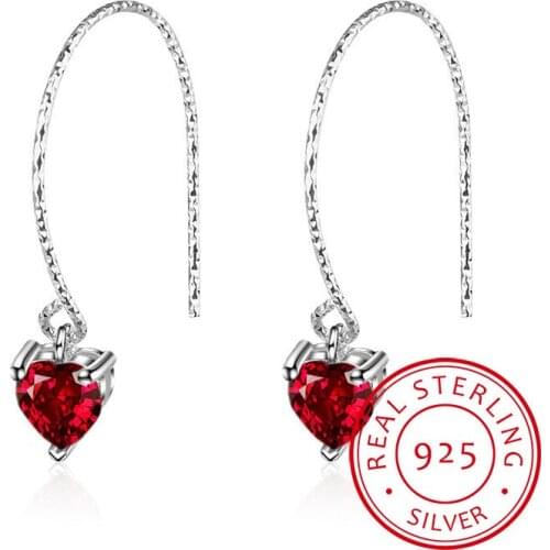 New Fashion 925 Sterling Silver Earrings For Women Red CZ Heart Long Tassel Earrings sterling-silver-jewelry S-E481