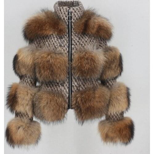 Vogue New New Real Fur Coat Winter Jacket Women Natural Raccoon Fur Weave Wool Fabric Stand Collar Plaid Outerwear Streetwear