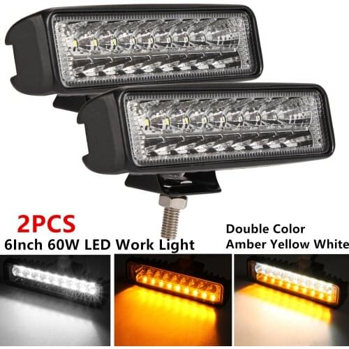 2PCS 6Inch 60W LED Work Light Bar Double Color Amber Yellow White Driving Headlight Projector Flood Fog Lamp Offroad Car Styling