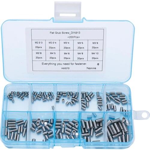 200Pcs/set M2.5 M3 M4 DIN913 304 Stainless Steel Metric Thread Grub Screw Flat Point Hexagon Socket Set Screws Headless HW070