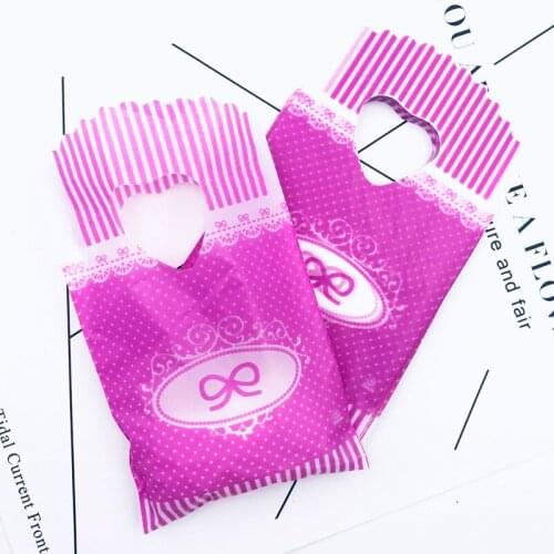 Hot Pink Bow Dot Design 9x15cm Plastic Handle Bag Jewelry Boutique Gift Bag With Handles Small Plastic Packaging Bags 250pcs