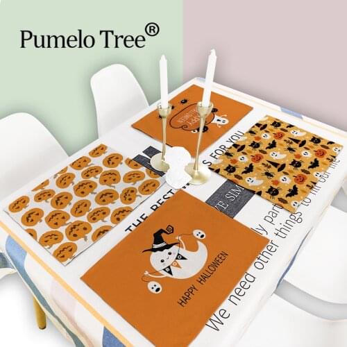 4 Pieces Happy Halloween Table Cloth Pad Horror Skull Dish Mat Table Mats Mug Drink Kitchen Placemat Cup Coaster Decor Napkins