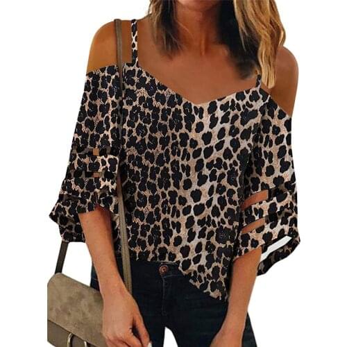 Womens Blouses V Neck Leopard Print Fashion Mesh Panel Soild Color Blouse 3/4 Bell Sleeve Dew Shoulder Casual Femme Tops 2021