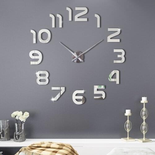 Large Wall Clock Modern Design DIY 3D Wall Sticker Clock Watch Silent Home Decor Living Room Big Acrylic Wall Clocks Silver