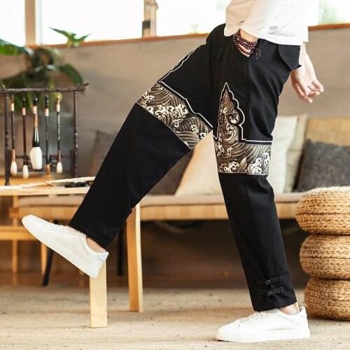 New 2020 Spring Harem Pants Embroidery Linen Cotton Elastic Waist Japanese Trousers Chinese Style Retro Hippie Pants Men TA1868
