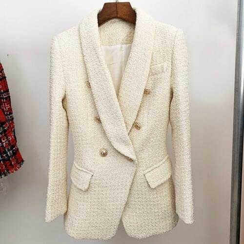 HIGH STREET 2020 Designer Jacket Womens Double Breasted Lion Buttons Shawl Collar Thick Tweed Blazer Wholesale