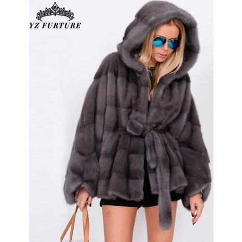 2020 New Hot Sale Recommend Real Mink Fur Coat Natural Mink Fur Thicken Hooded Slim Belt Fashion Women Warm Winter Wear MKW-078